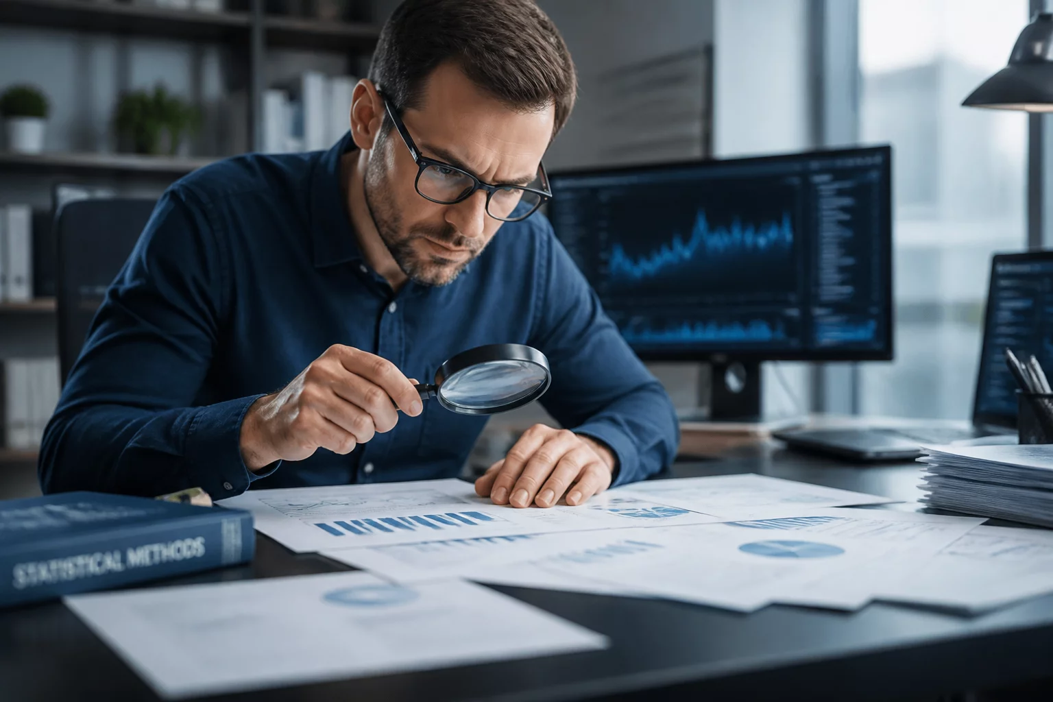Researcher analyzing academic data with a magnifying glass