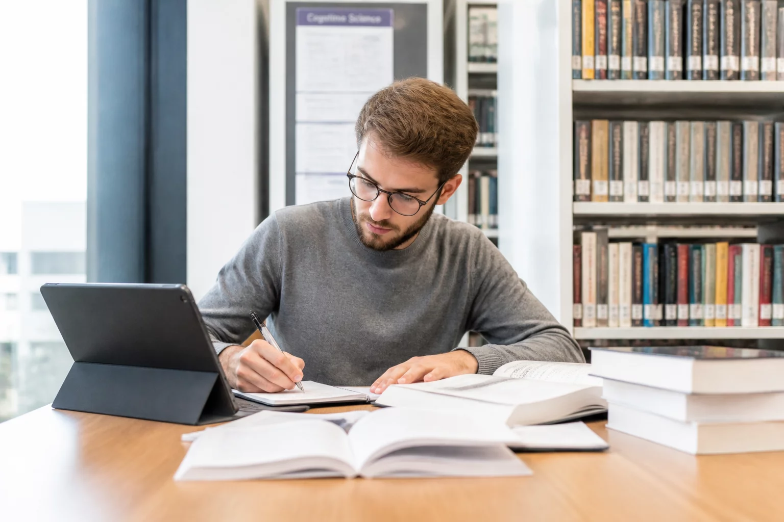 Researcher analyzing academic journals and digital records