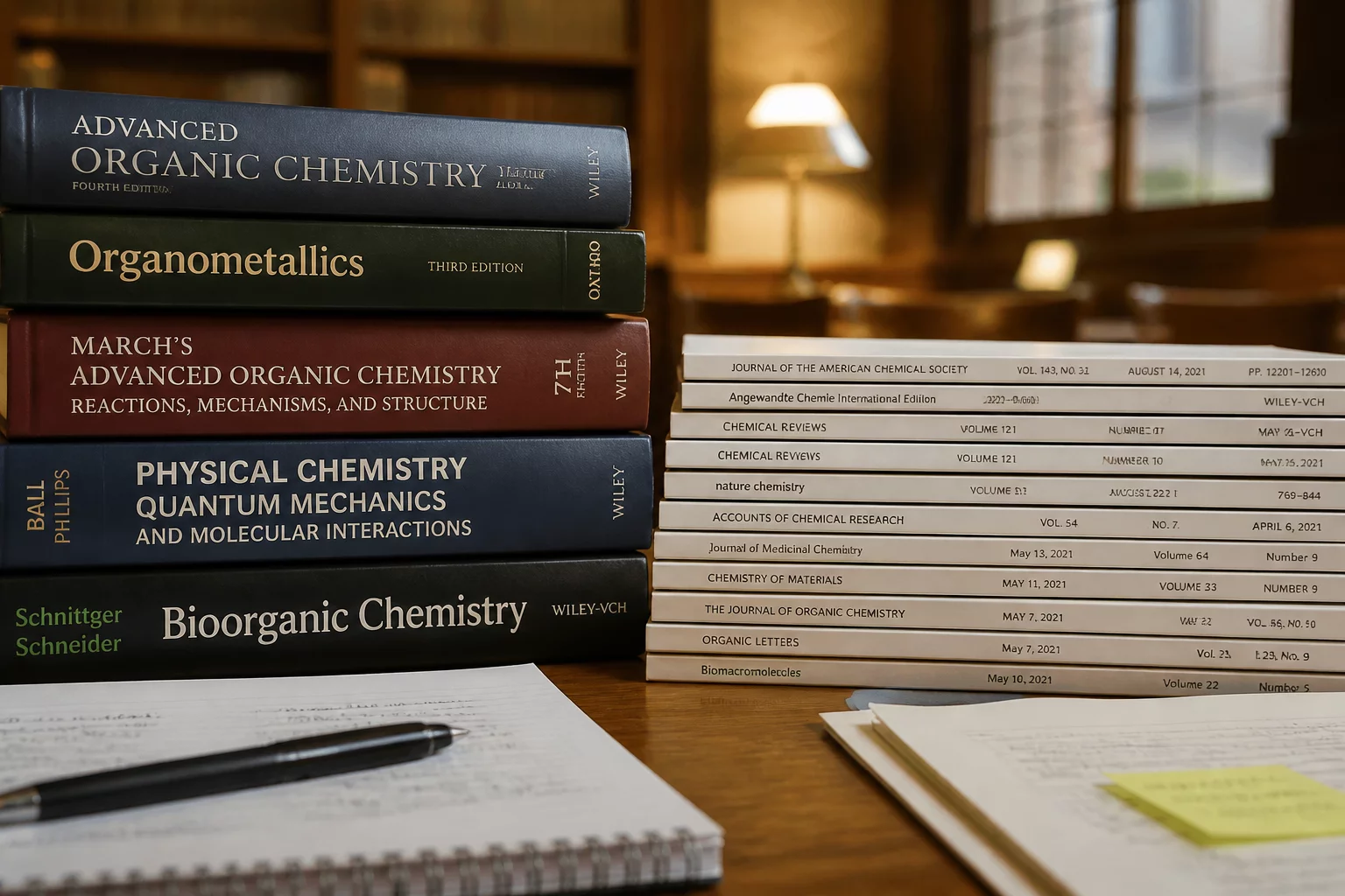 Academic books and reference guides on a desk